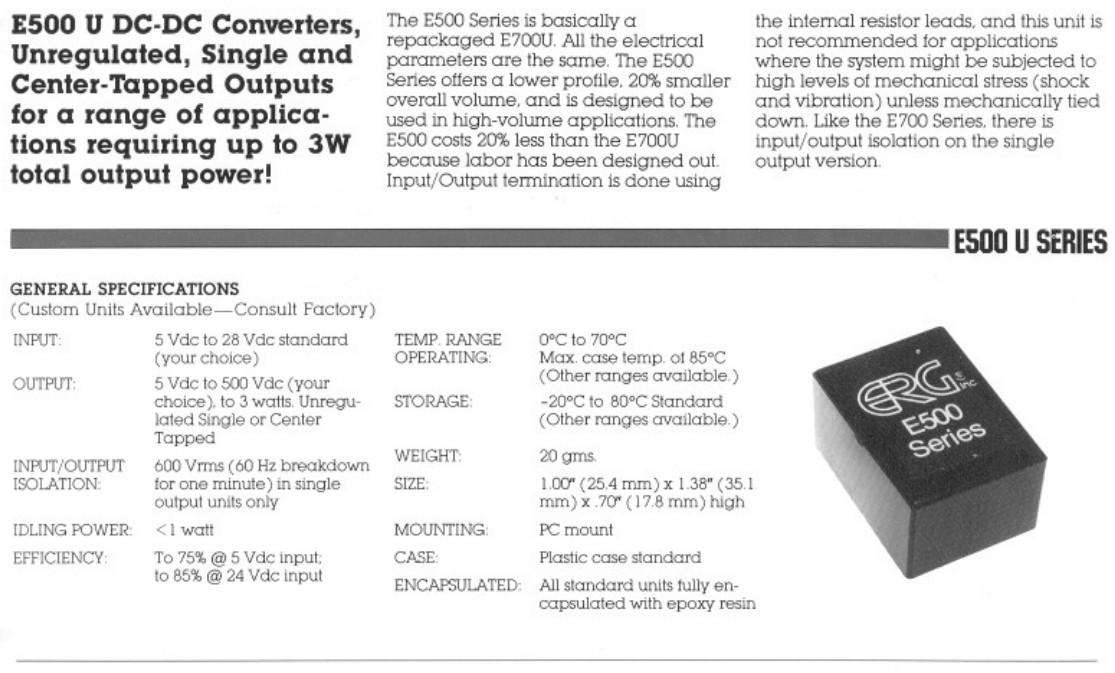 Endicott Research Group ERG – E505-.4050U – DC/DC Converter. 5V to 40VDC 50mA