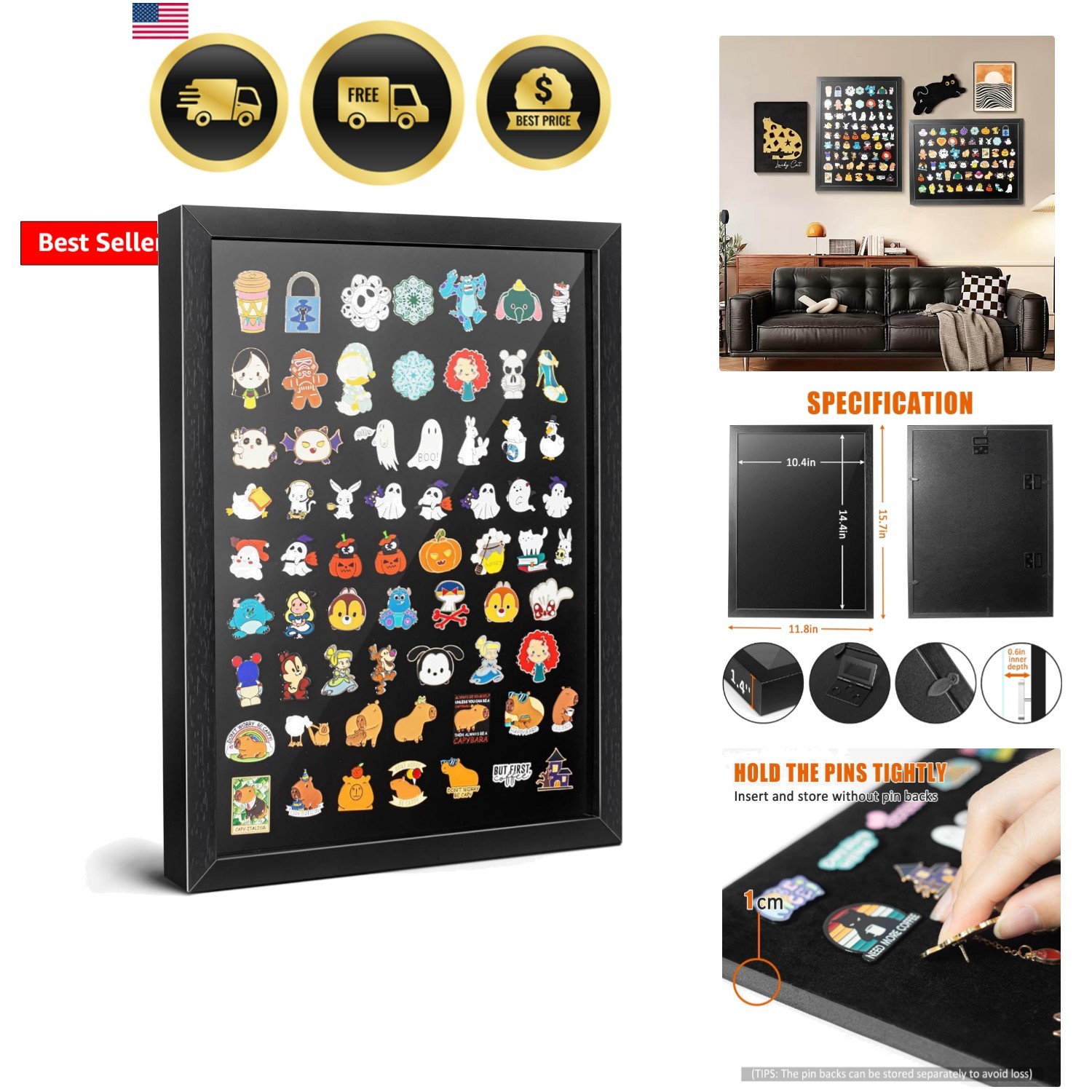 Pin Display Case Wall Mount Shadow Box Frame for Enamel Pins Black