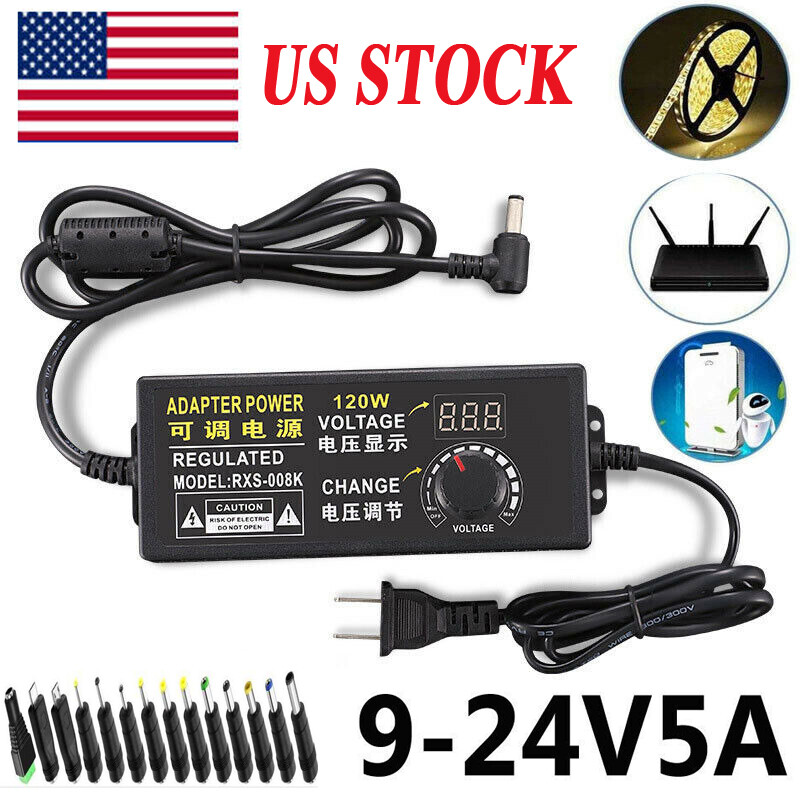 9V-24V 5A 120W Adjustable Voltage Power Supply Adapter Transformer with 14 Plugs