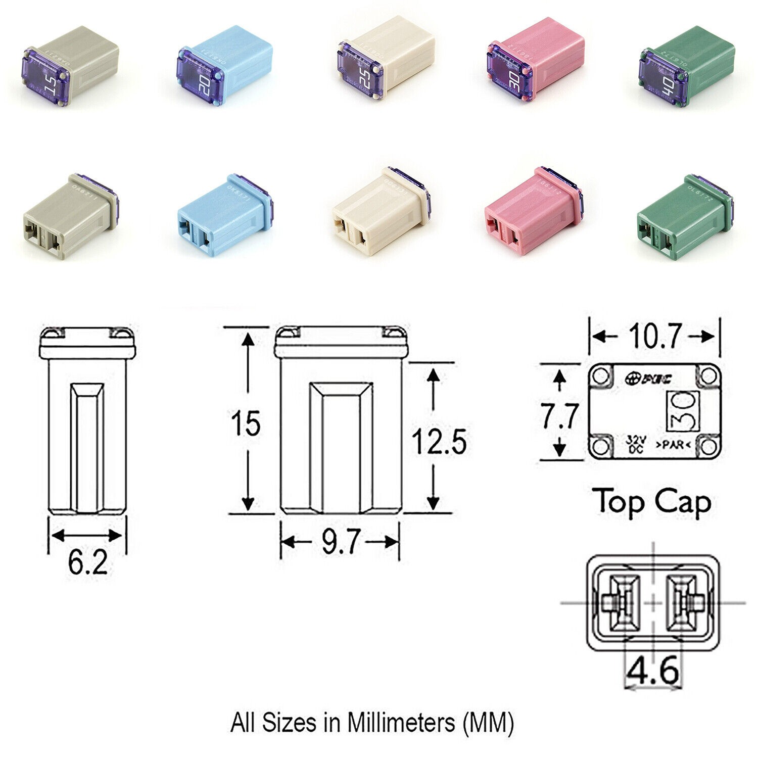 25 Pack Micro Cartridge Fuses FMM Fuses Kit 15-40Amp MCASE Type for Cars, SUVs