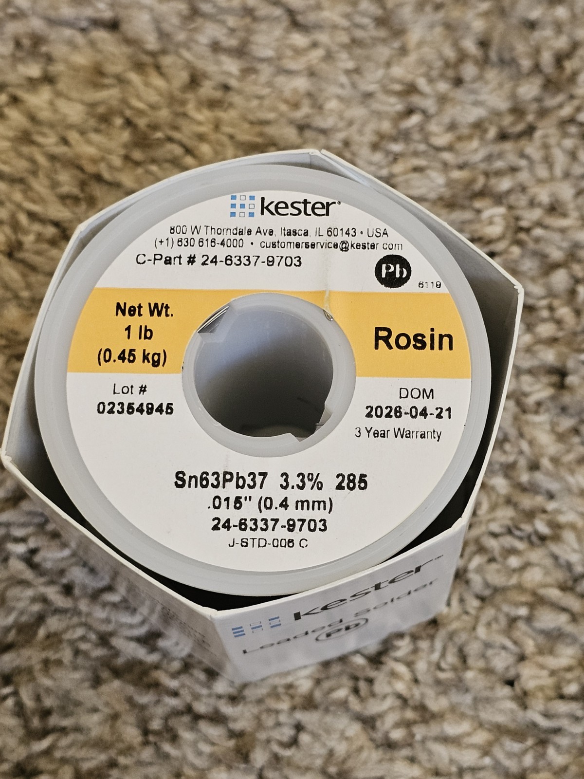 Kester Leaded Solder Wire Rosin Sn63Pb37 3.3% 285 (C PN: 24-6337-9703) Brand New