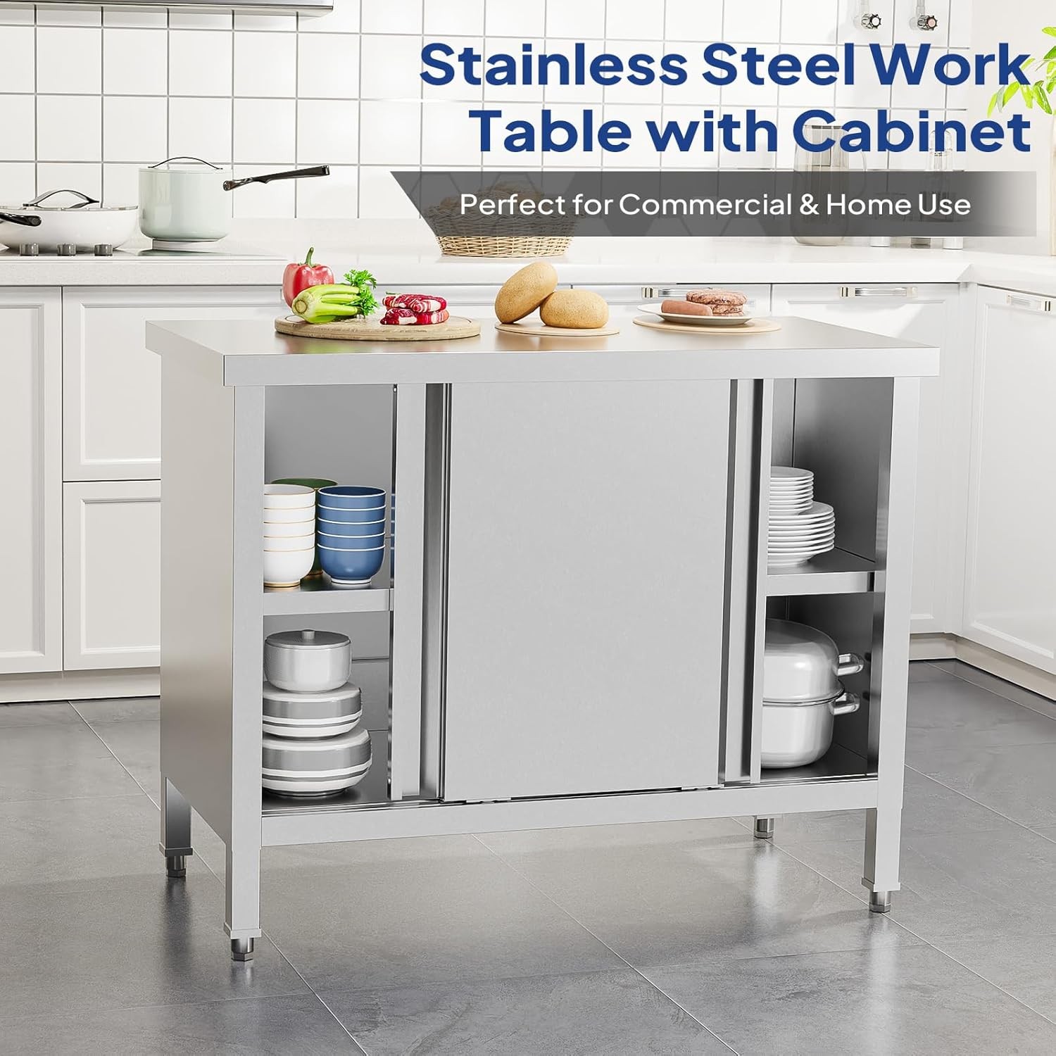 Stainless Steel Prep & Work Table with 2-Tier Cabinet & Sliding Doors for Garage