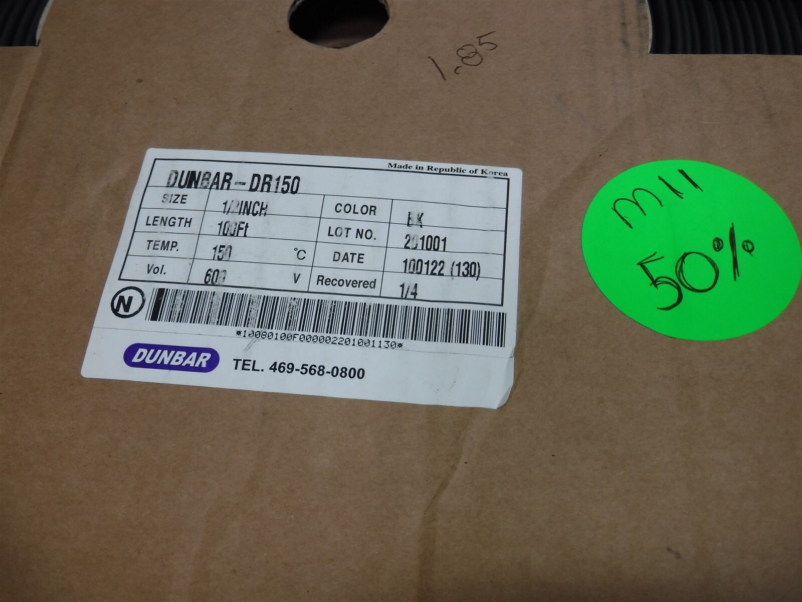 APPX 50FT Dunbar DR150-1/2″ Black 2:1 DIESEL-RESISTANT FLEX HEAT SHRINK O11