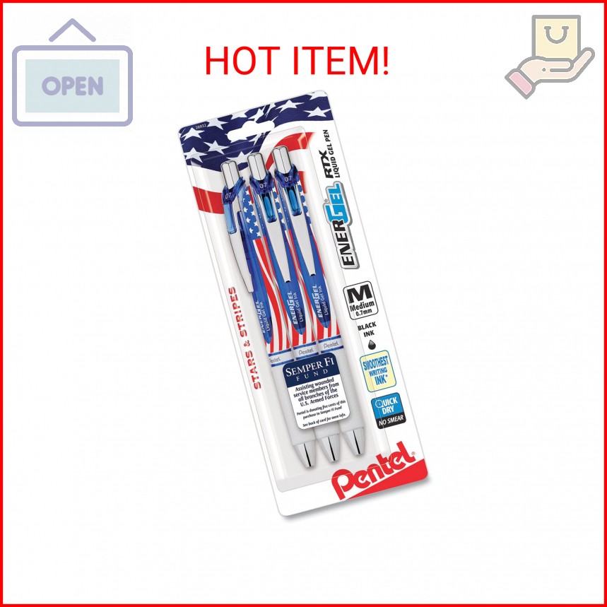 Pentel EnerGel RTX, Stars & Stripes Edition Liquid Gel Pens, 0.7mm, Black ink, 3