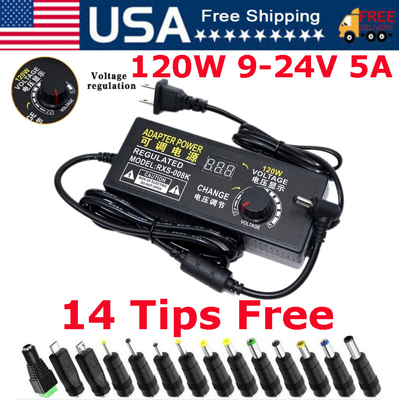 120W Adjustable Voltage Power Supply Adapter Transformer with 14 Plugs 9V-24V 5A