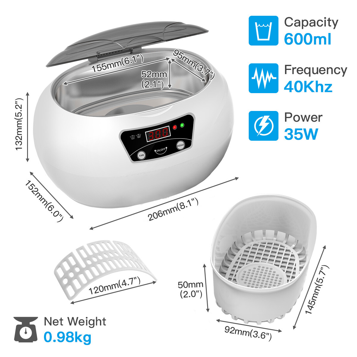 600ML Ultrasonic Cleaner Wave Cleaning Jewellery Polishing Machine Tank Timer US