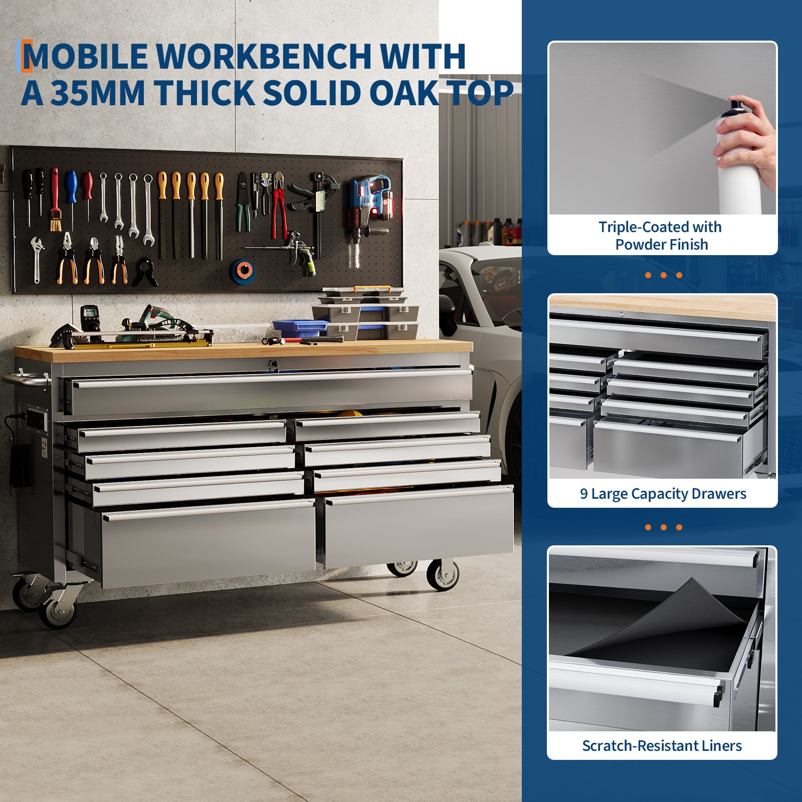 Garvee 61″ 15Drawer Rolling Tool Chest Locking Stainless Steel Cabinet W/ Liners