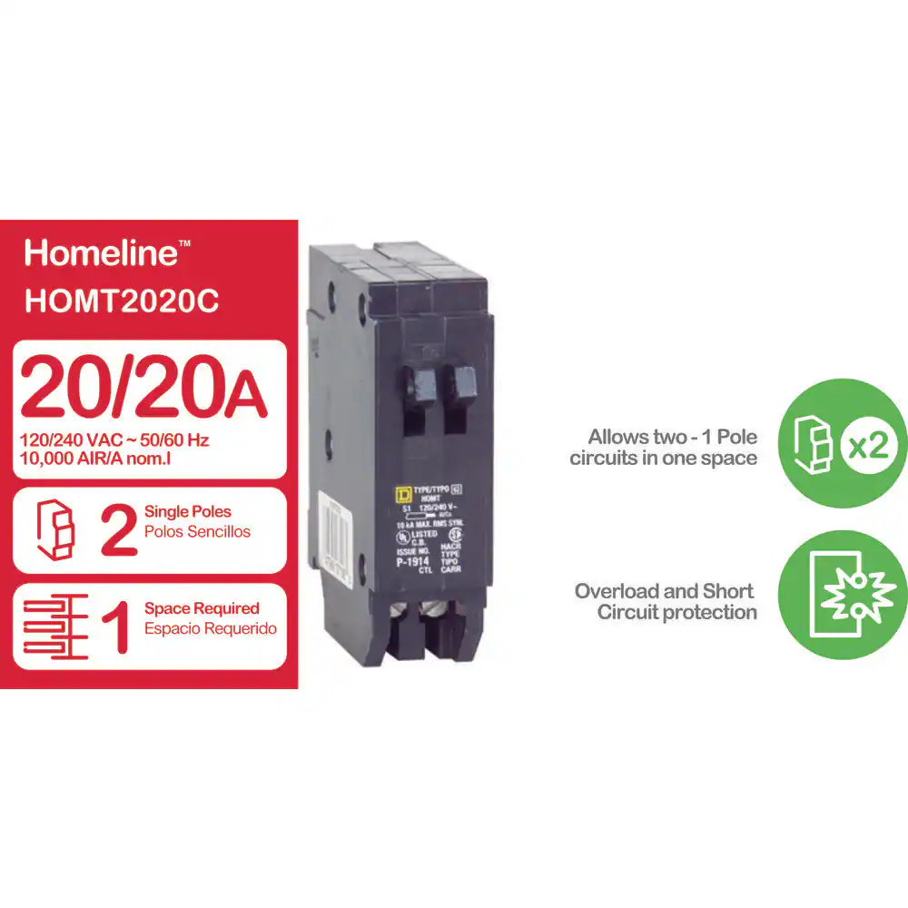 Homeline 2-20-Amp Single-Pole Tandem Circuit Breaker (HOMT2020CP)