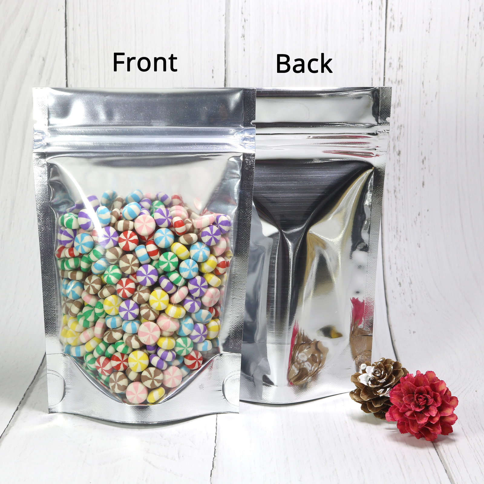 3~51.2oz Glossy Clear Front Color Inside Silver Back Foil Stand up Zip Lock Bag