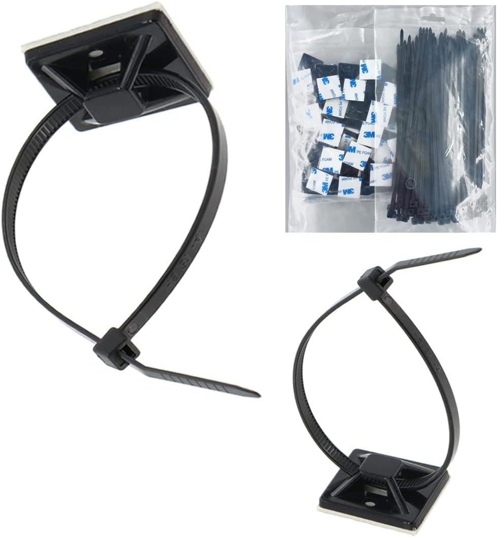 Weatherproof Cable Management Clips with 6″ Zip Ties – 100 Durable Adhesive Sets