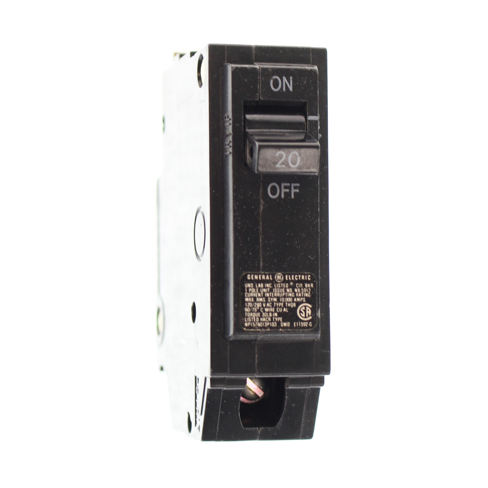 GE THQB120 BOLT-ON CIRCUIT BREAKER, 120/240-VOLT, 1-POLE, 20-AMP, TYPE THQB