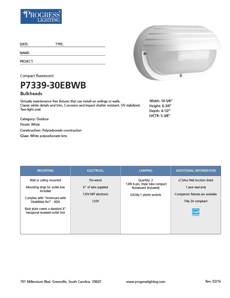 PROGRESS LIGHTING P7339-30EBWB BULKHEADS 13W 2-Light WALL/CEILING IN/OUTDOOR