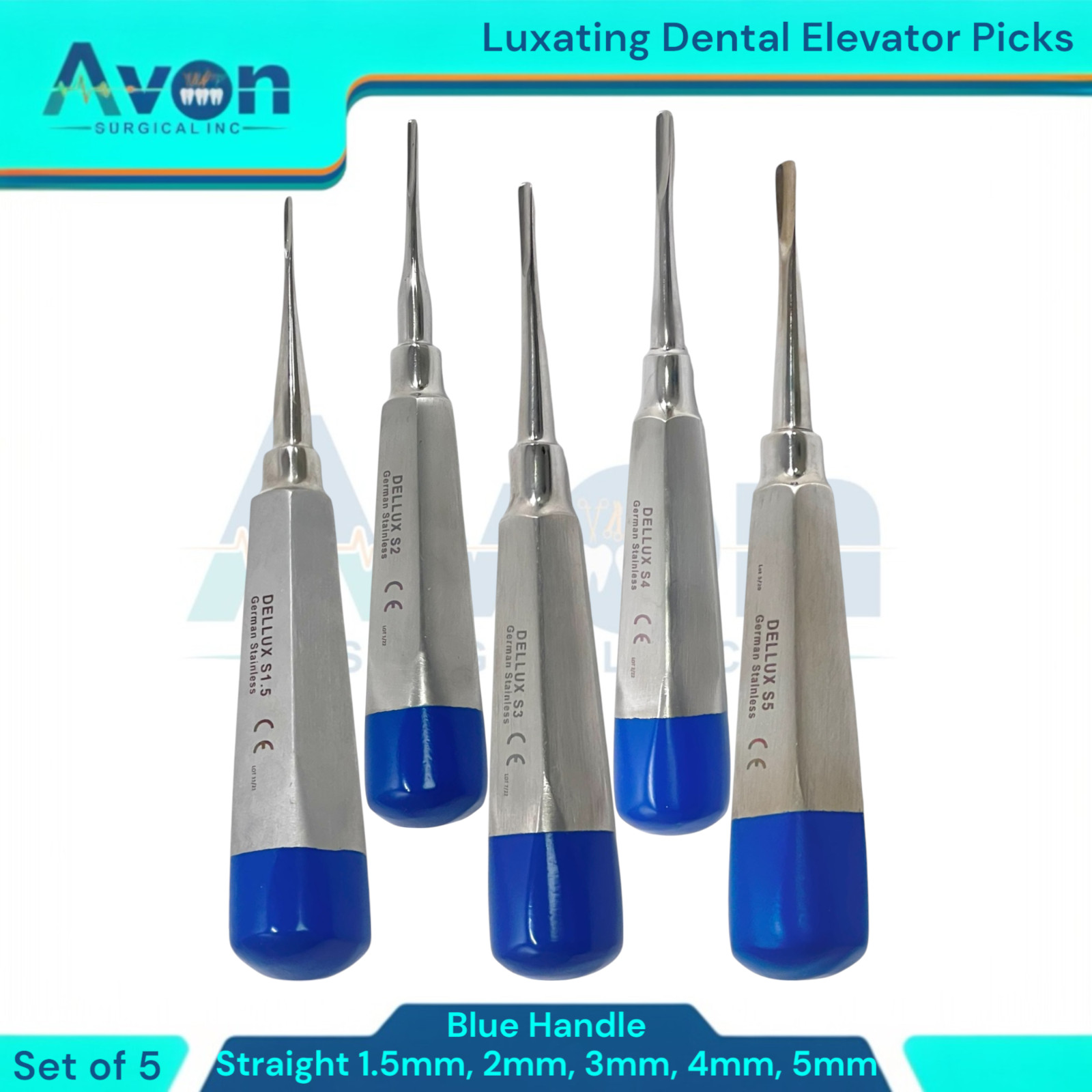 Dental Tooth Extraction Luxating Elevators, 1.5mm to 5mm, STR, German Steel(5PK)