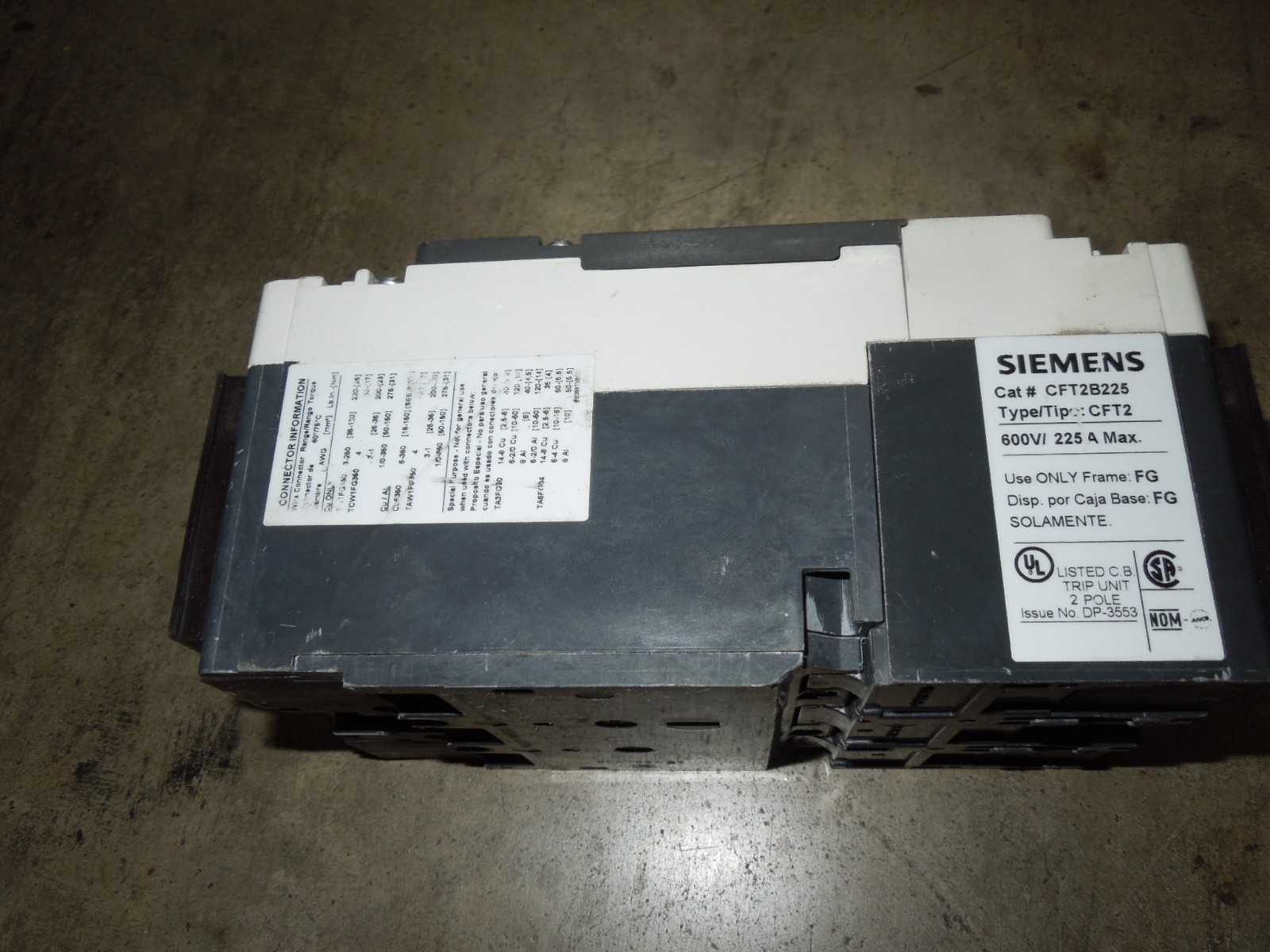 Siemens NFG2F250 225A 2p 600VAC 250V DC Circuit Breaker Used