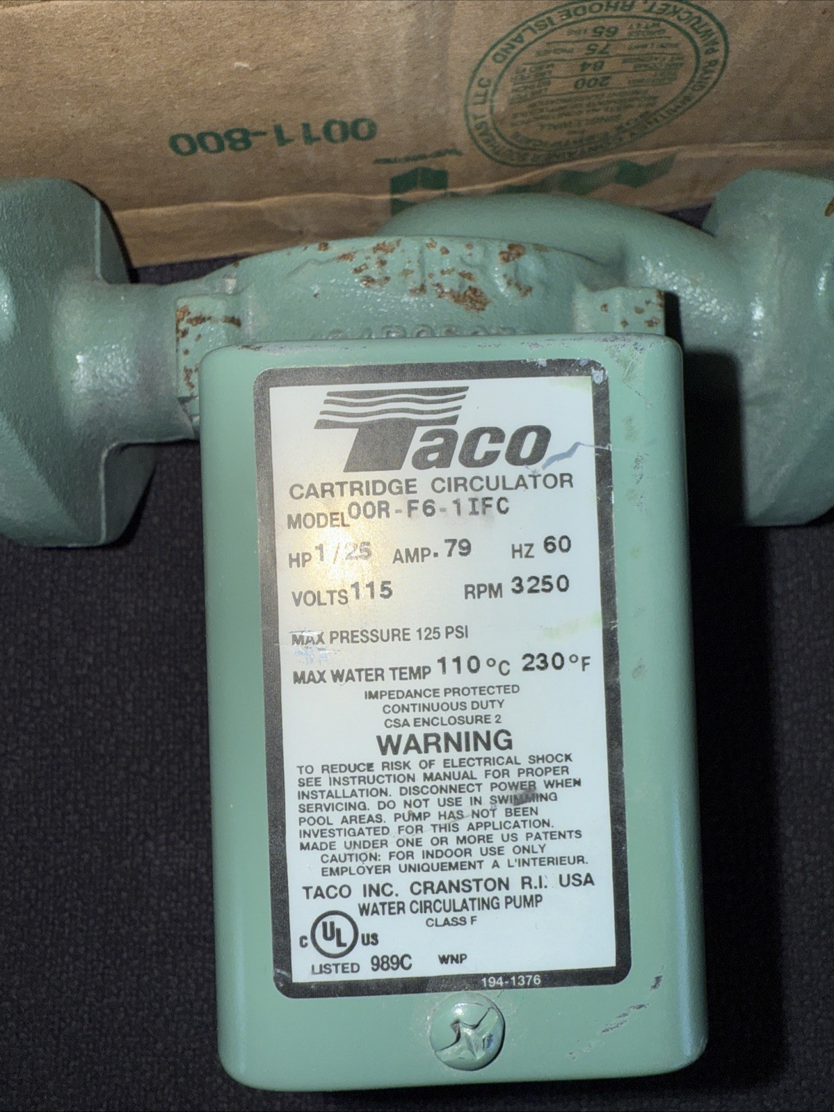 New Taco 00R-F6-1IFC Cast Iron Cartridge Circulator Pump Flanged, 1/25 HP 23 GPM