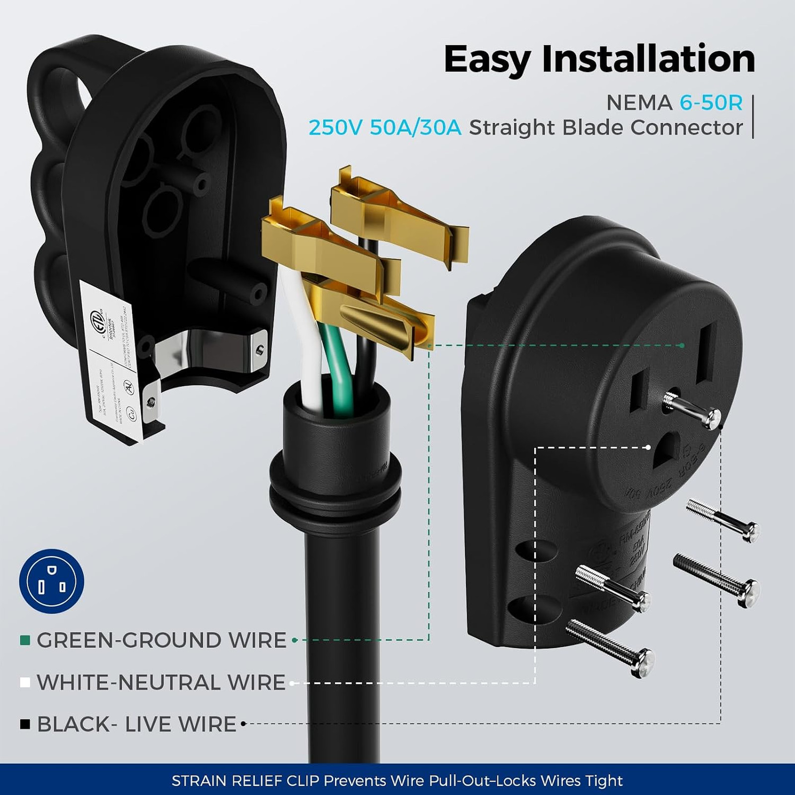 1 Set ETL Listed NEMA 6-30P/6-50P Male Plug and NEMA 6-50R Female Receptacle