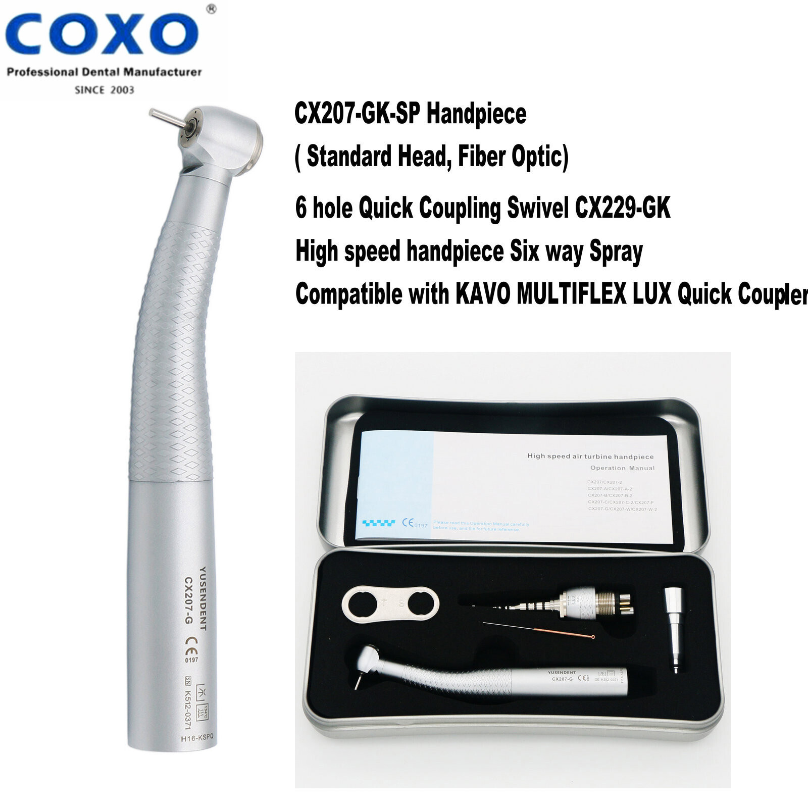 COXO H16-KSPQ Dental LED Fiber Optic HIgh Speed Handpiece Turbine KAVO Multiflex
