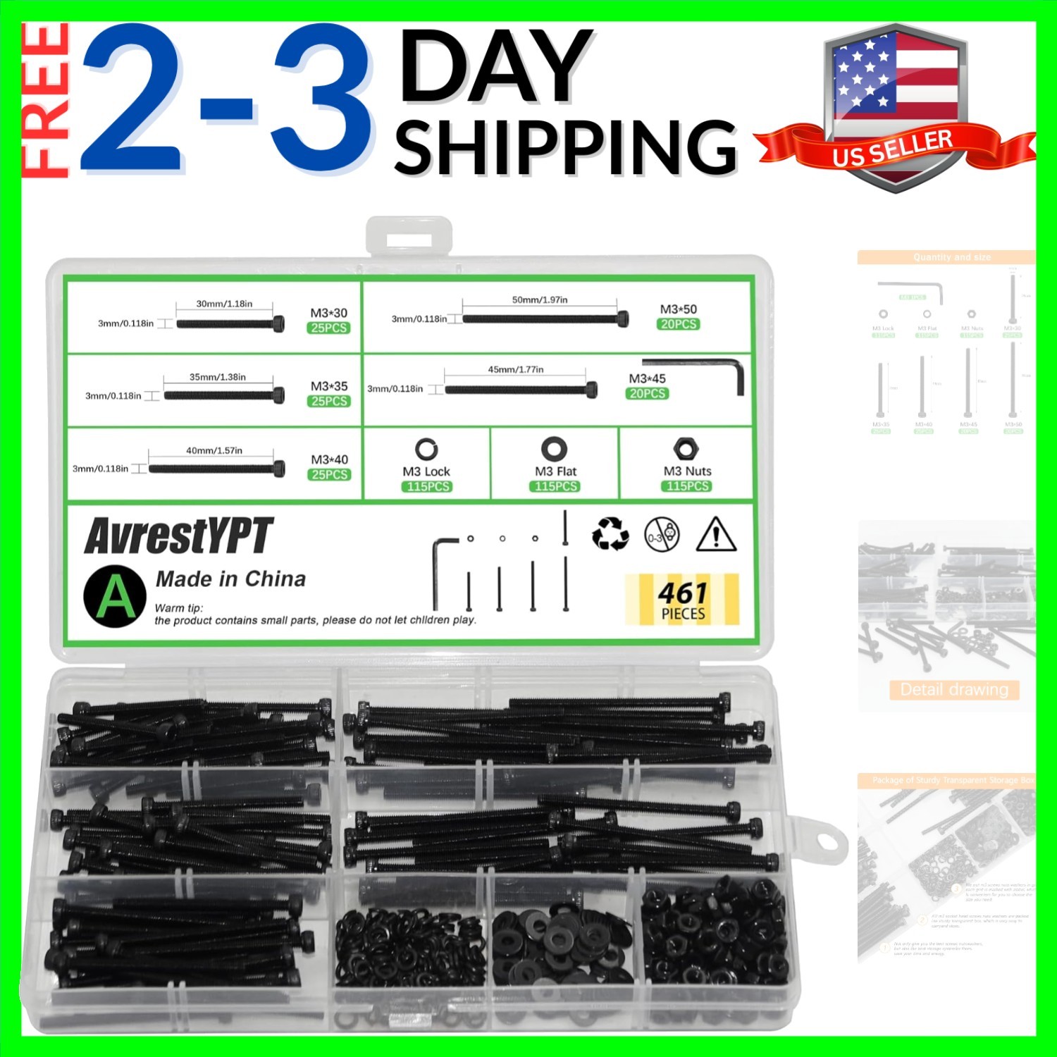 461 Pieces M3 x 30mm /35mm /40mm /45mm /50mm Socket Head Screws M3 Long Screw…
