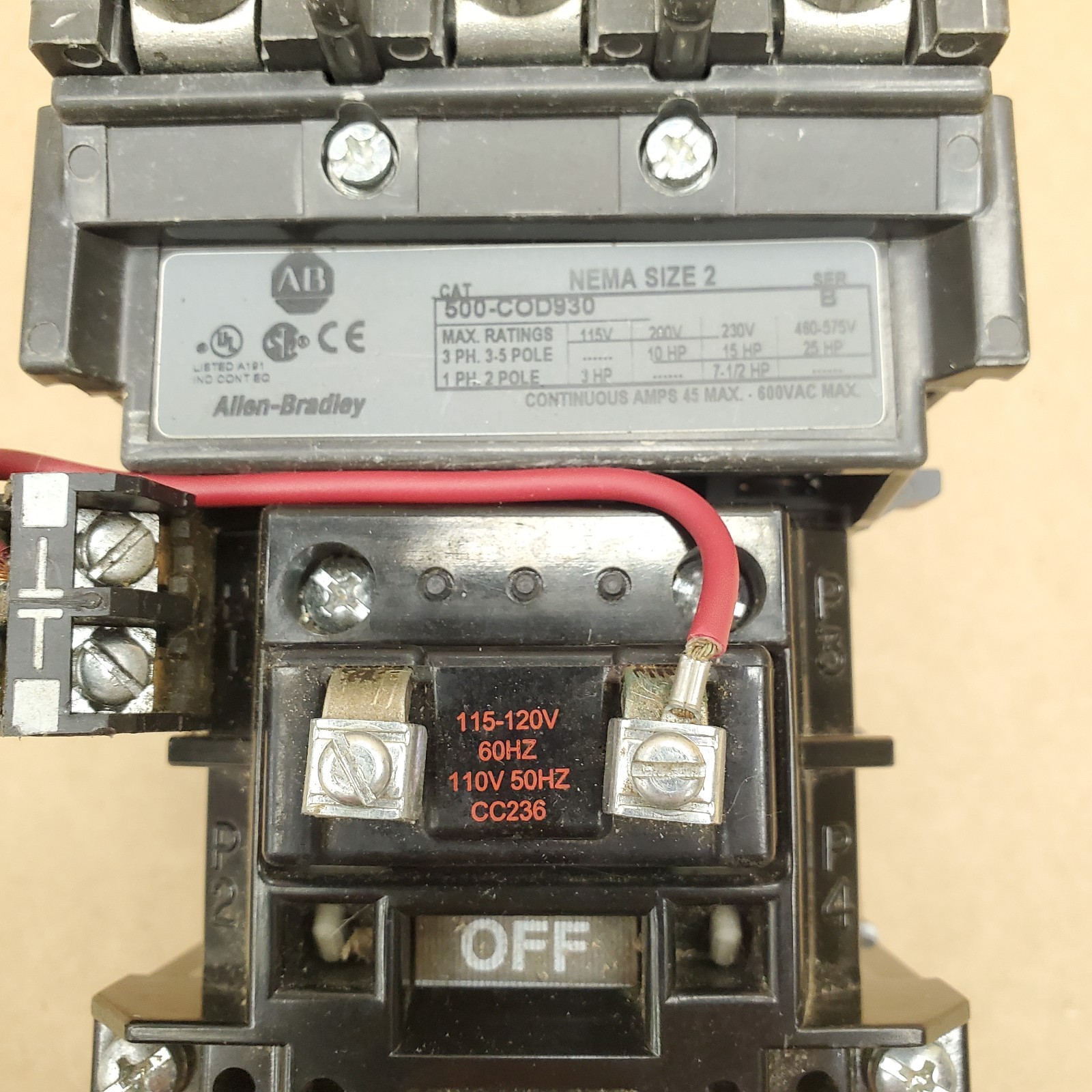 Allen Bradley 500-COD930 Contactor w/ 120VAC Coil NEMA Size 2 rated 25HP – NEW