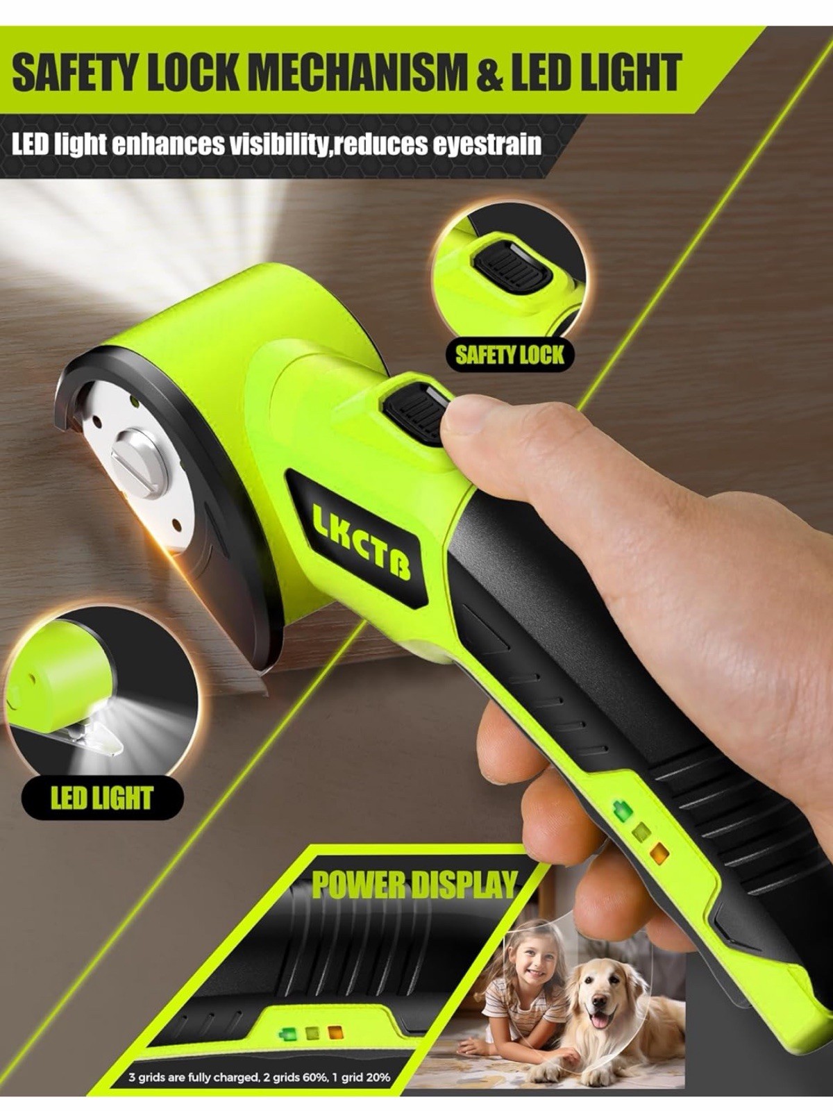 LKCTB Electric Scissors, Cardboard Cutter With LED Light, 2000mAh Battery *green