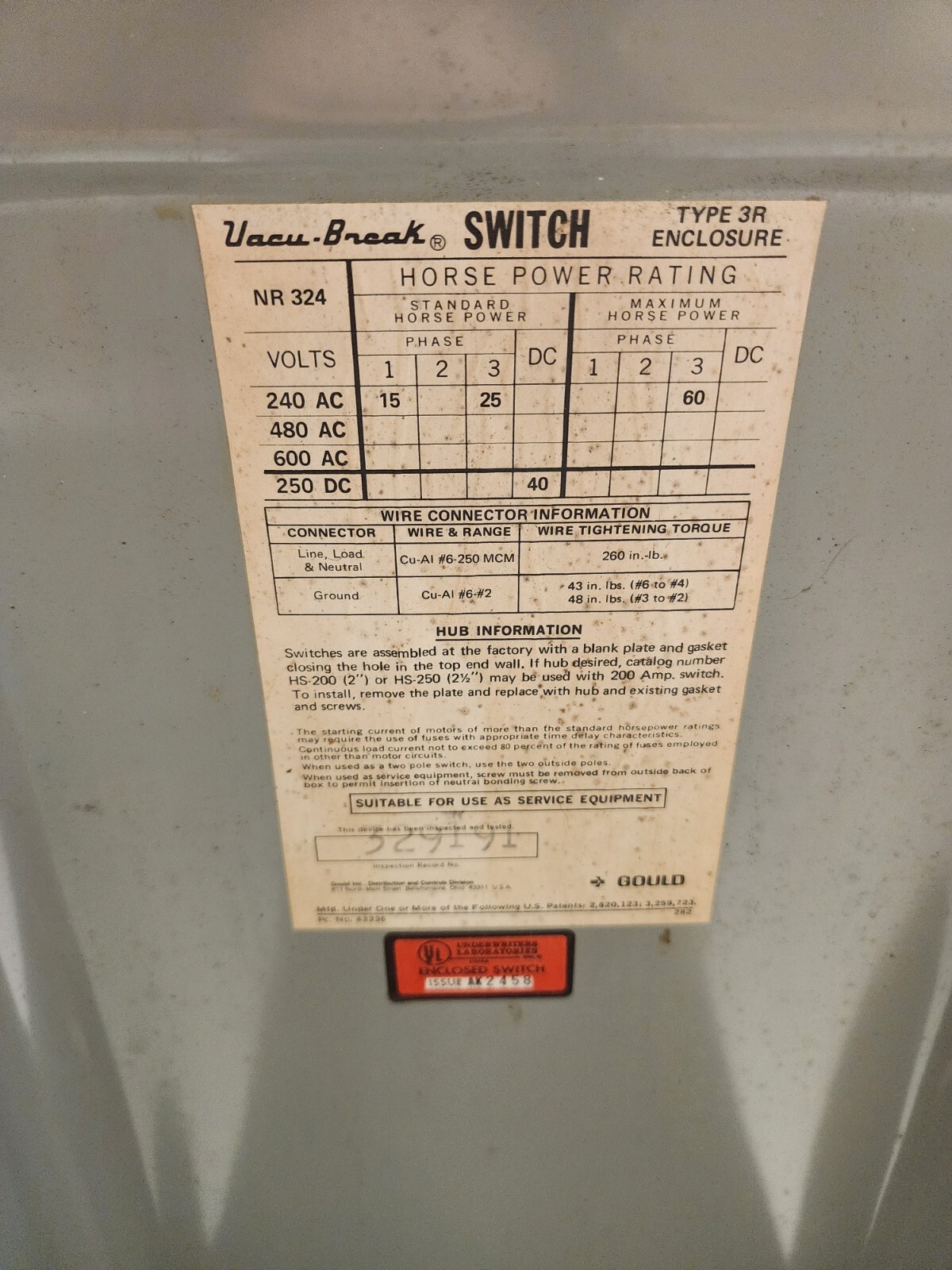 GOULD NR324 VACU-BREAK SWITCH WITH CLAMPMATIC CONTACTS 200 AMPS 1 PHASE 240 VAC