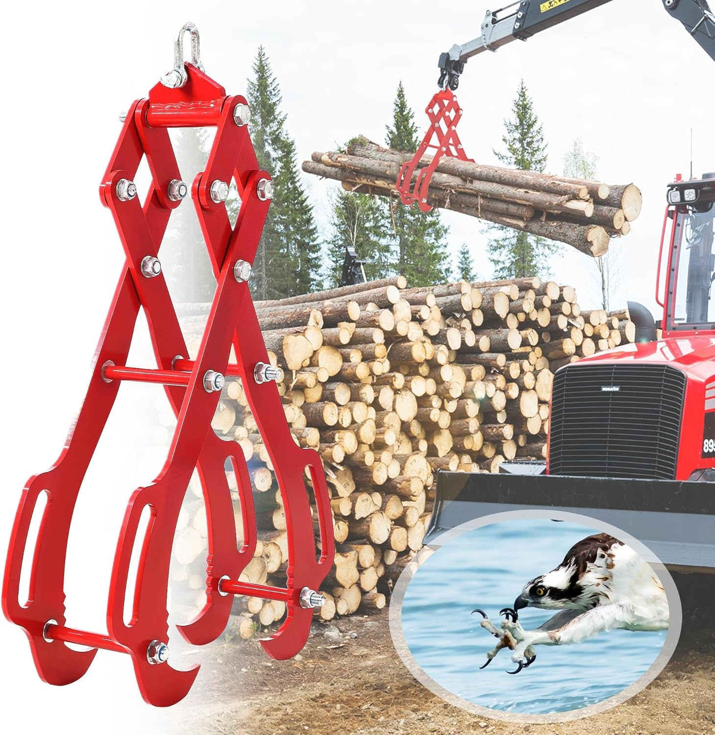 28 Inch Log Lifting Tongs, Heavy Duty Steel Log Grapple with 4 Claws, Swivel Tim