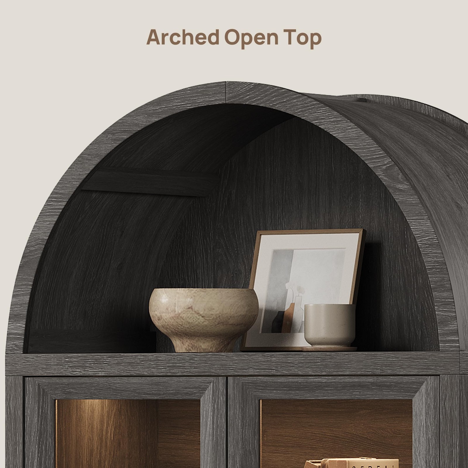 74 Arched Bookcase Glass Door 5-Tier w/LED Motion Sensor Dark Grey Oak 2PC