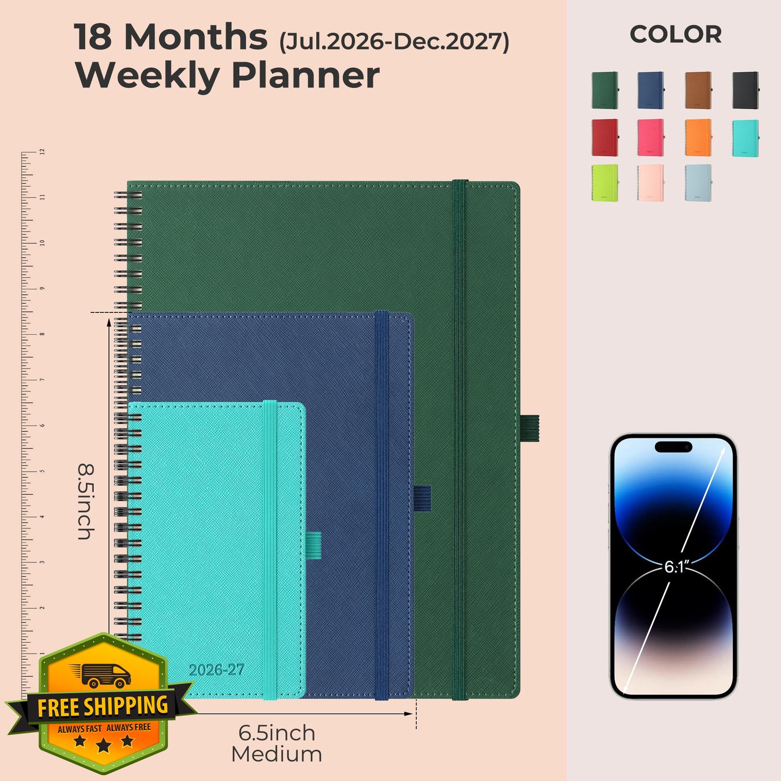 IN-LUXPRO 2026-2027 Green Vegan Leather Spiral Planner Agenda 8.5×6.5