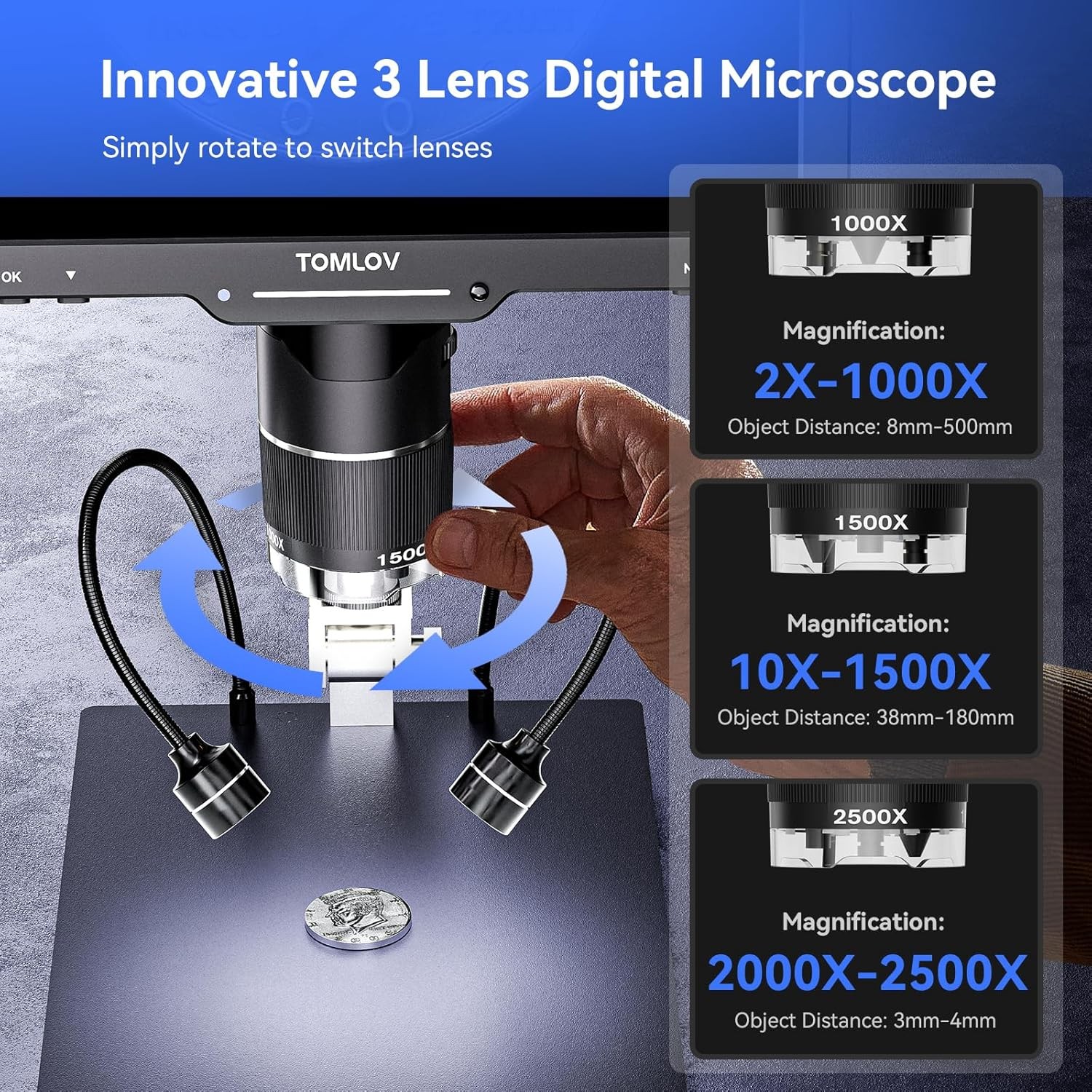 TOMLOV 10″ Screen 2500X Digital Microscope Coin Magnifier Soldering Camera HDMI