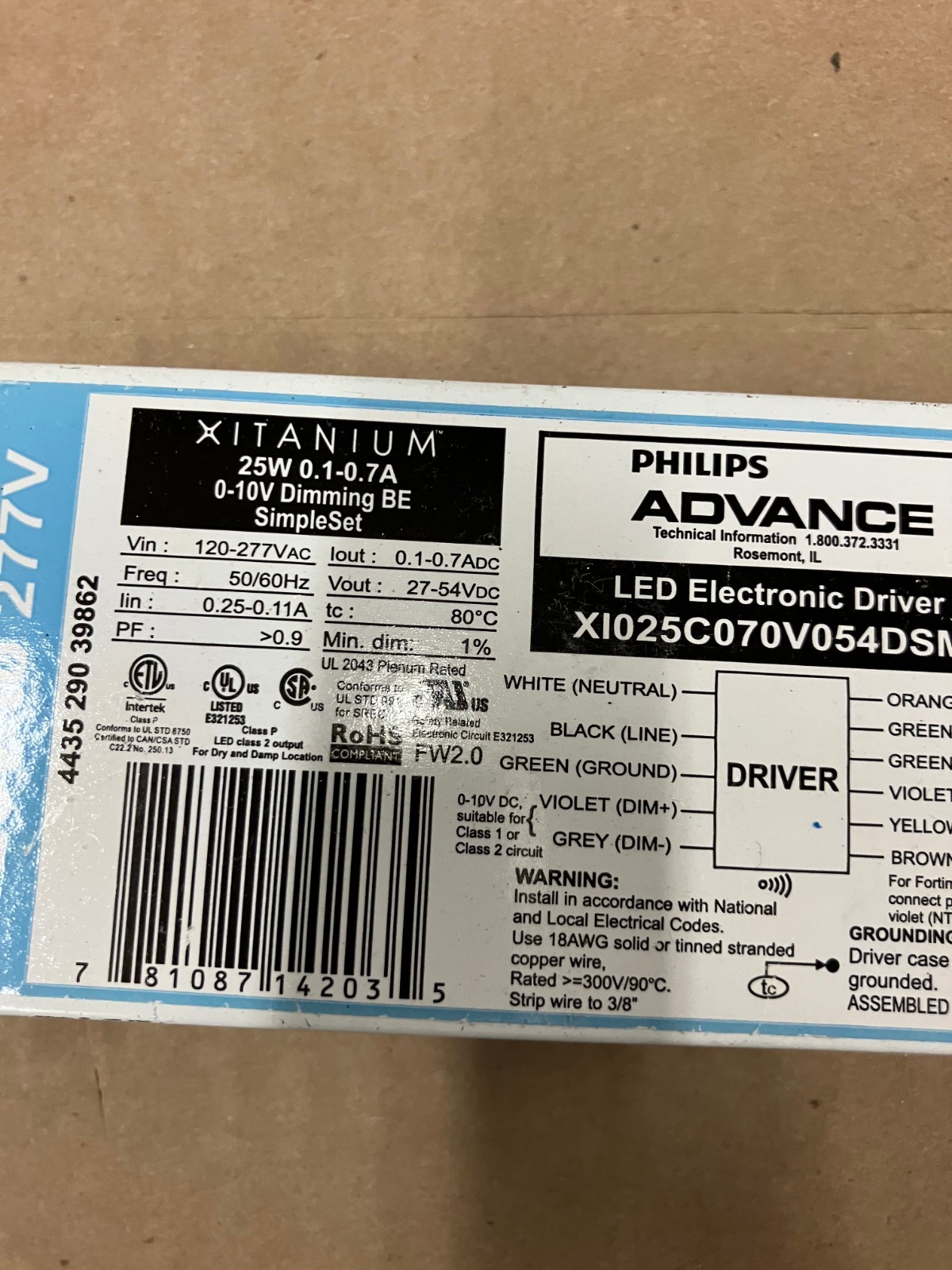 ADVANCE XI025C070V054DSM1 XITANIUM 0-10V DIMMABLE LED DRIVER, 27-54VDC, 25W, 120