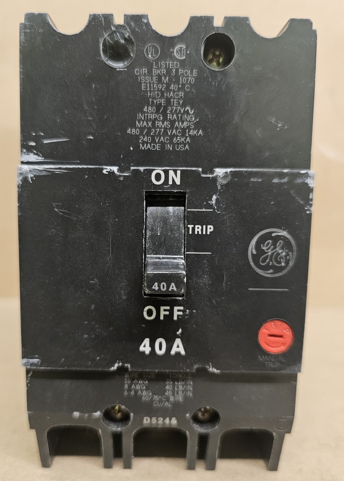 General Electric GE TEY340 Circuit Breaker 3 Pole 40 Amp 277/480