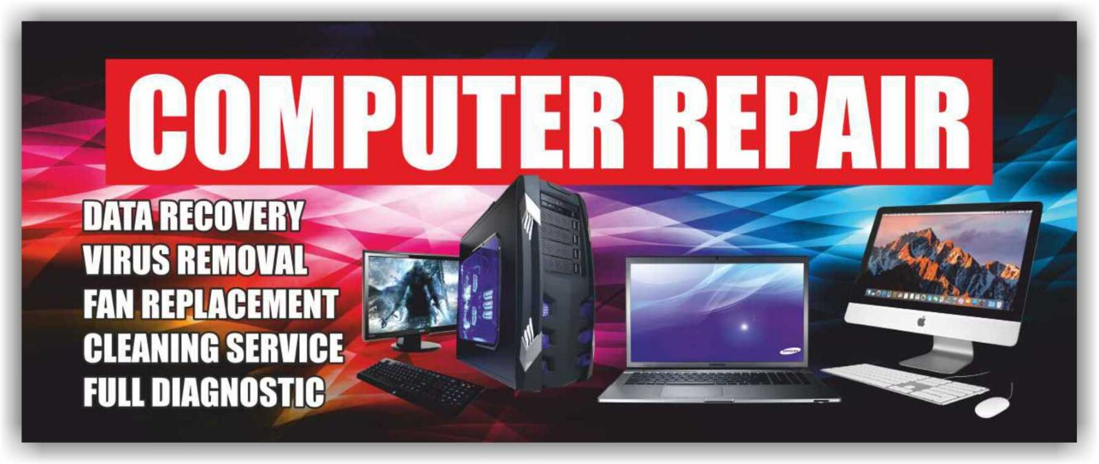 COMPUTER REPAIR Advertising Banner Vinyl Mesh Sign service diagnostics phone fix