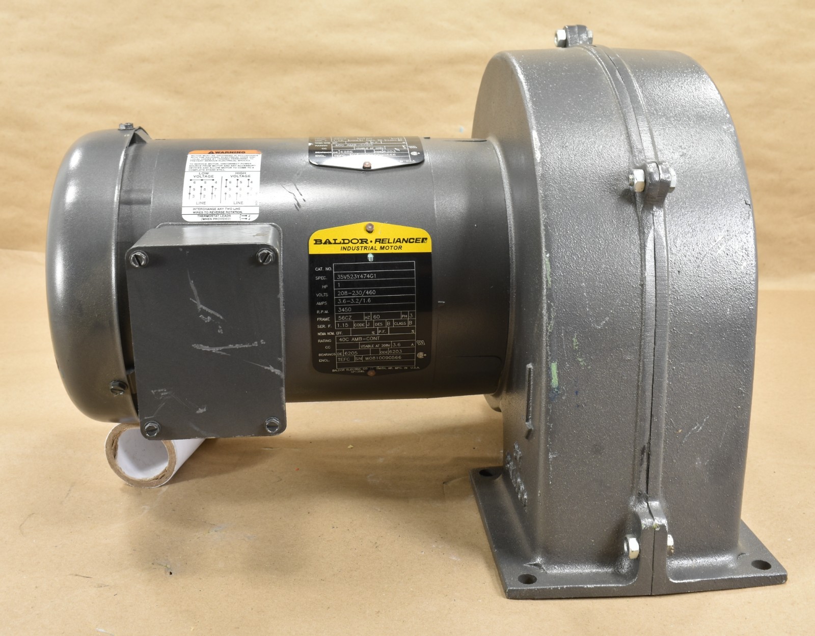 Baldor Reliance 35V523Y474G1, 1 HP Induction Motor w/ Blower, 208-230V, 3 Phase