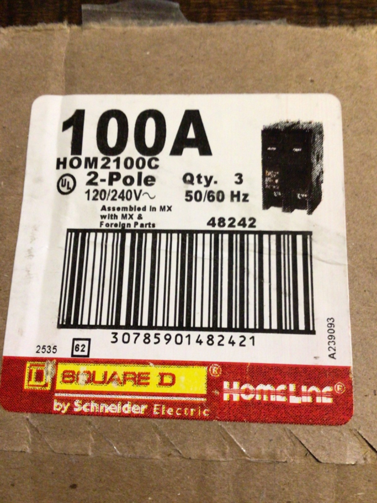 Lot of 3-Square D Homeline HOM2100C 100 Amp, 120/240V 2-Pole Circuit Breaker new