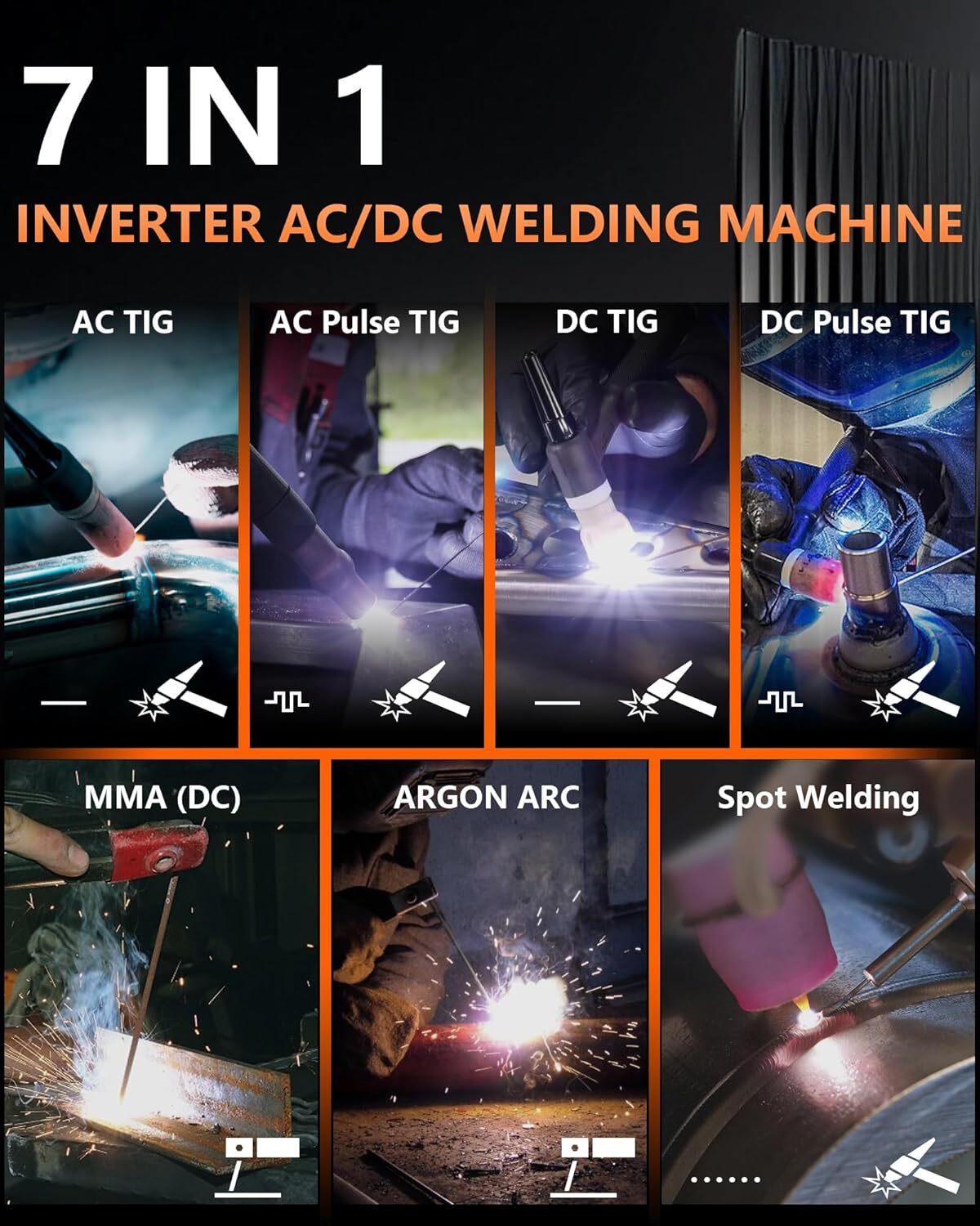 FEIFANKE TIG Welder 200A, 7 IN 1 ARC/AC/DC TIG/Pulse TIG Welder for steel, Alum