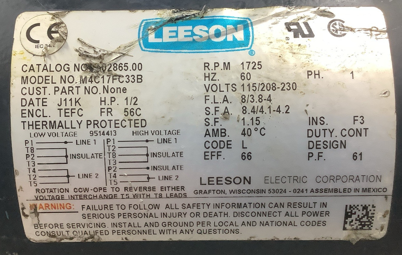 Leeson 102865.00 1/2HP 1725RPM 115/208-230V AC General Purpose Motor (R93)