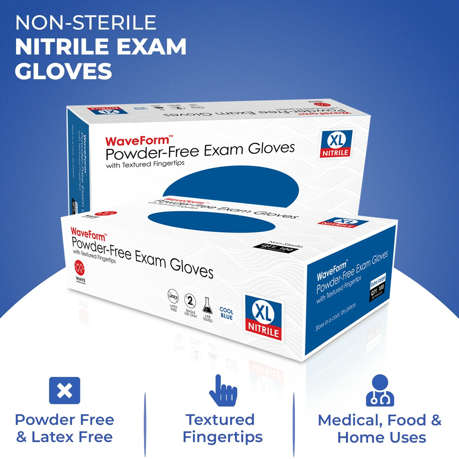 WAVE Premium 4 Mil Blue Medical Nitrile Exam Latex Free Disposable Gloves