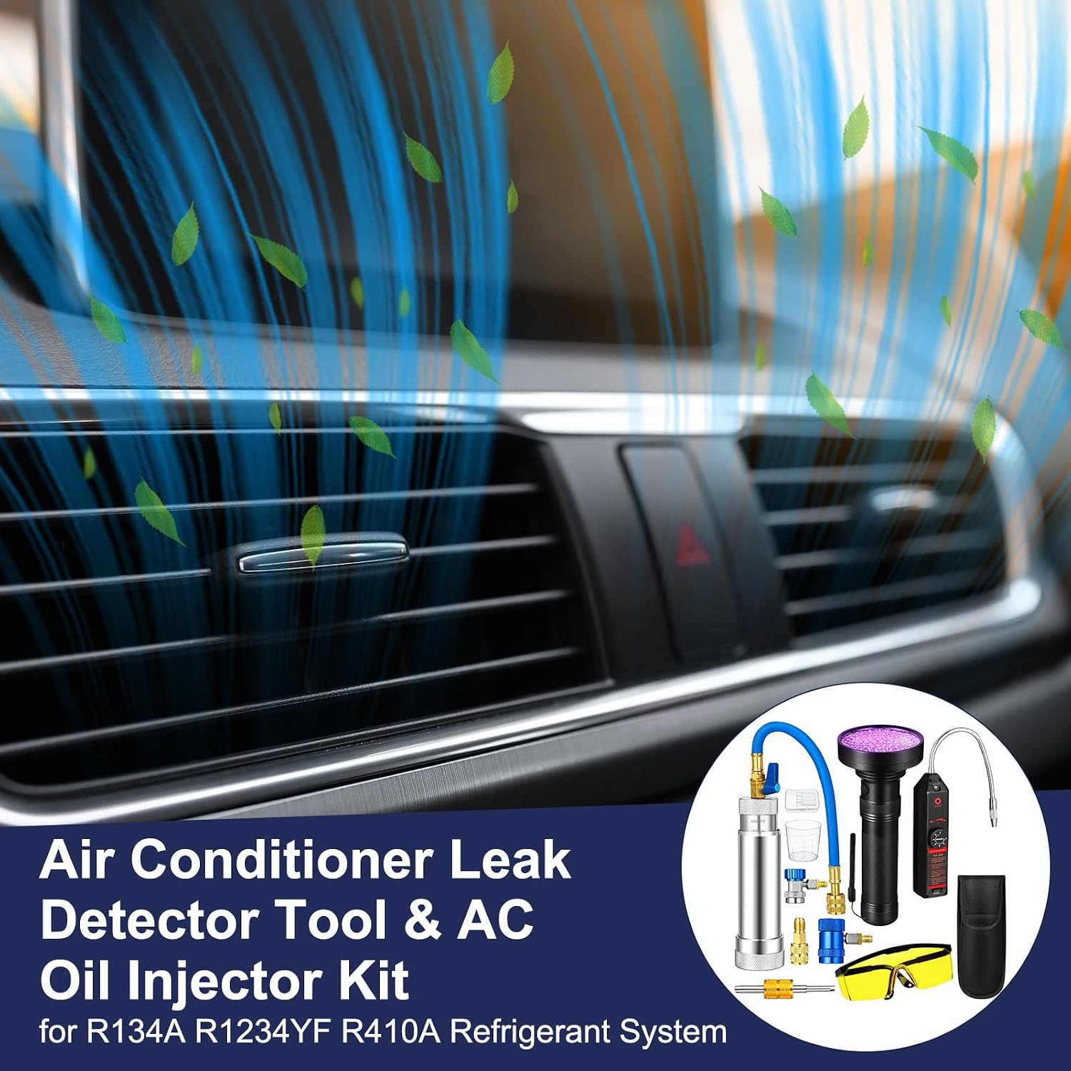 AC Leak Detector Kit, R1234Yf R134A R410A AC Oil UV Dye Injector Kit Refrigerant