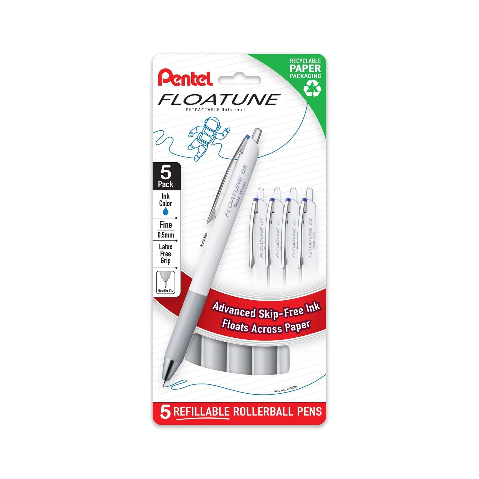Pentel Floatune Retractable Rollerball, 0.5mm Fine Point, Assorted Ink, 5-Pk