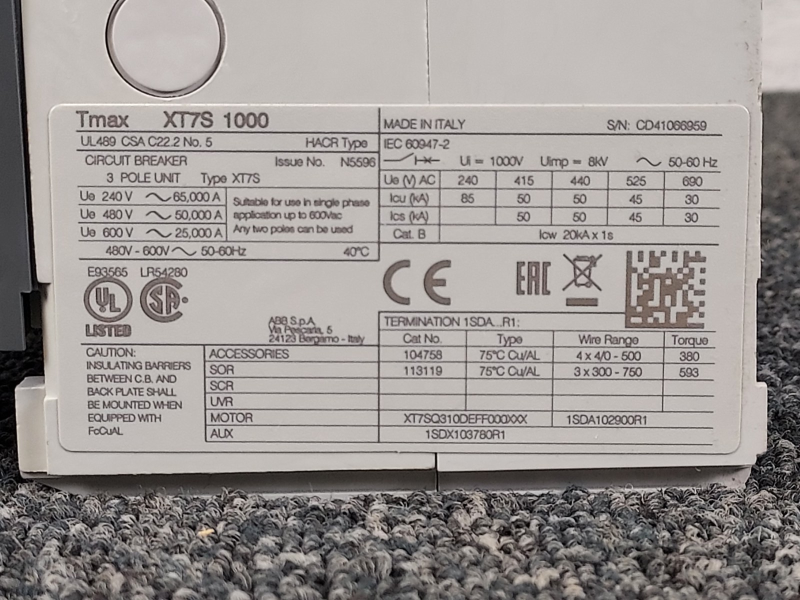 ABB #XT7S 1000 CIRCUIT BREAKER (1000A, 600V, 3 PHASE)(S13E)
