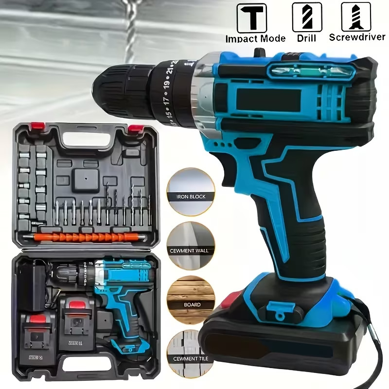 Rechargeable Electric Drill, Equipped with Drill, LED Lighting, Portable Multi