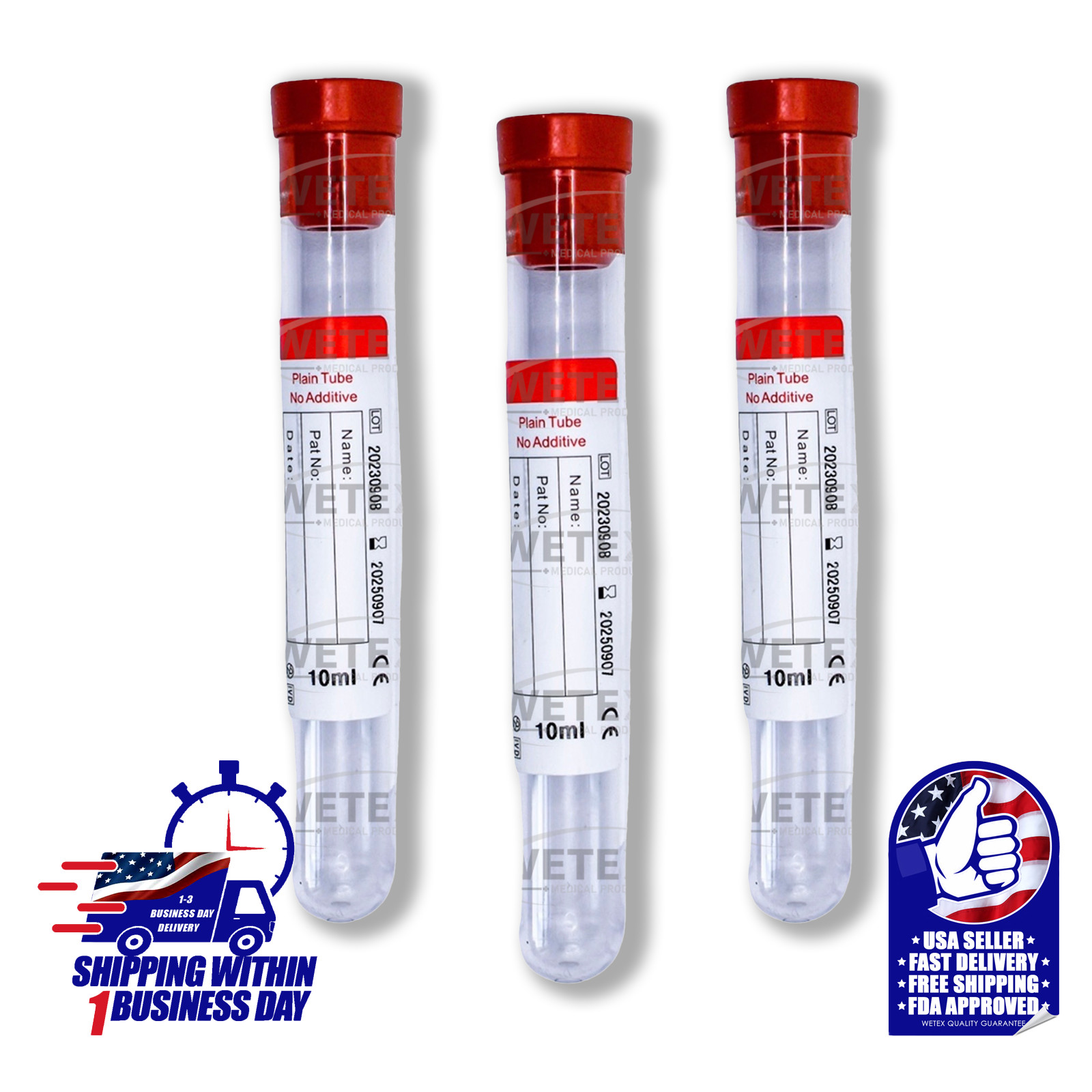 VACUUM BLOOD COLLECTION RUBBER TOP TUBE NO ADDITIVE, 16x100mm 10mL, Exp 09/25