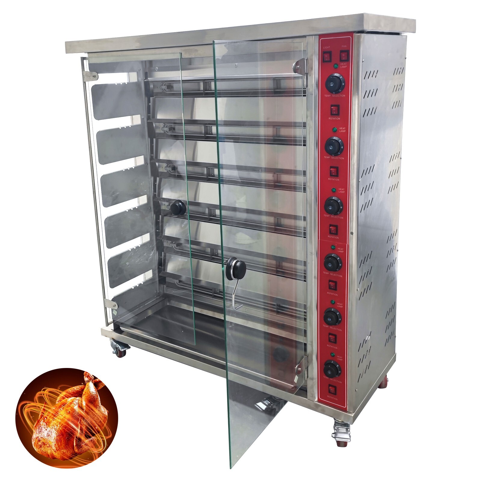 220V 6-Roll Electric Chicken Rotisserie Machine 122-572°F Automatic Roaster Oven