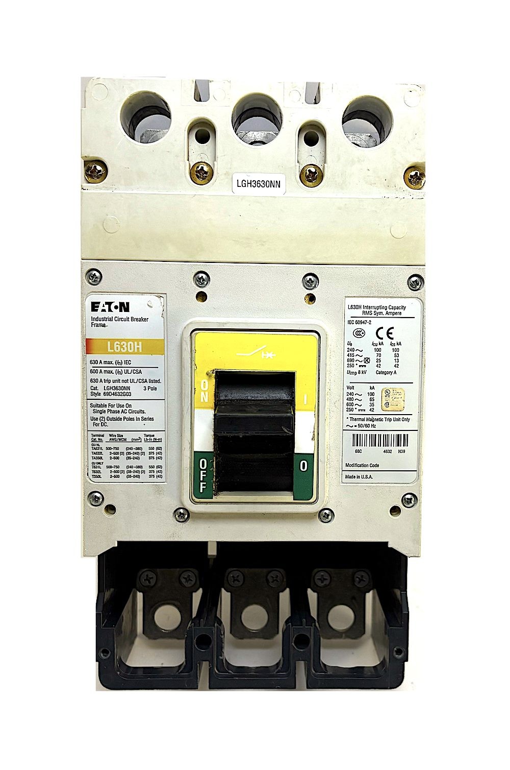 Eaton LGH3630NN 3 Pole 600 Amp 690 Vac Breaker(Missing Trip)