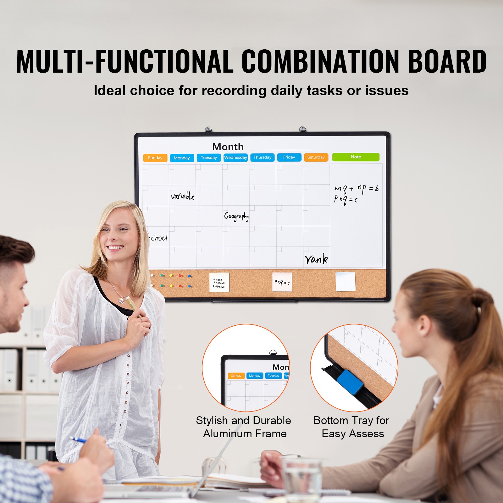 Uimoso 36″x24″Monthly Calendar Whiteboard & Cork Board Combo with Aluminum Frame