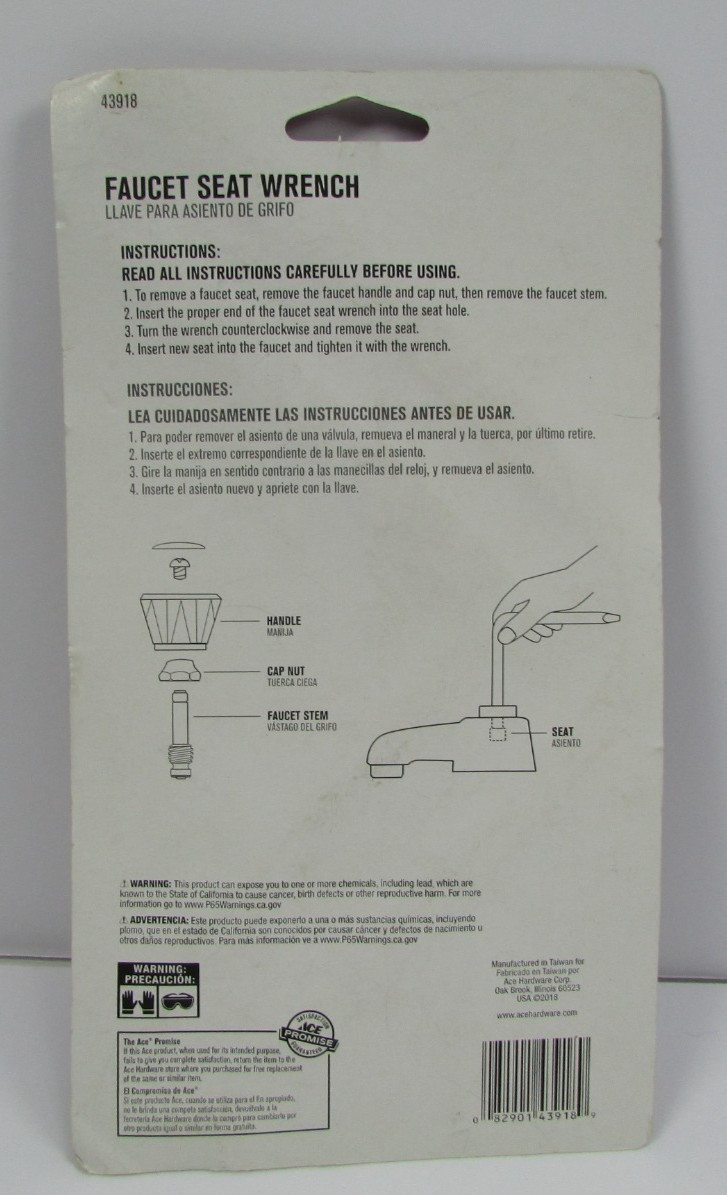 Ace Faucet Seat Wrench Tapered Universal Plumbing Hand Tool Model 43918 New