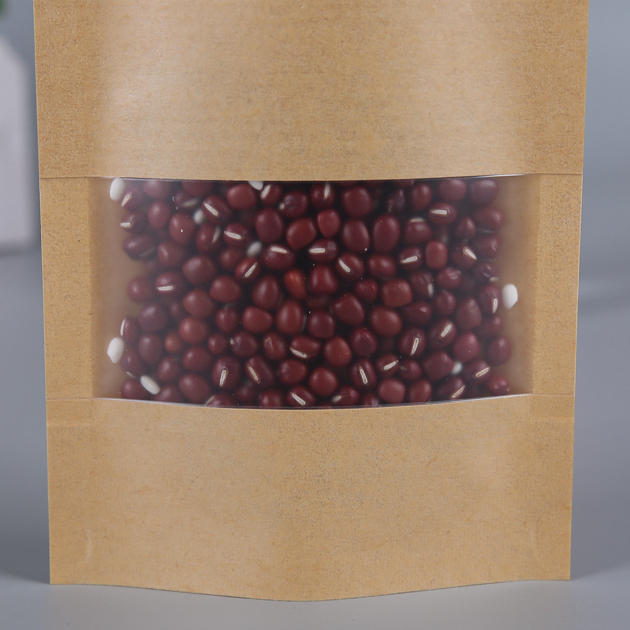 Brown / White Kraft Paper Pouches Stand Up Food Bag With Clear Window