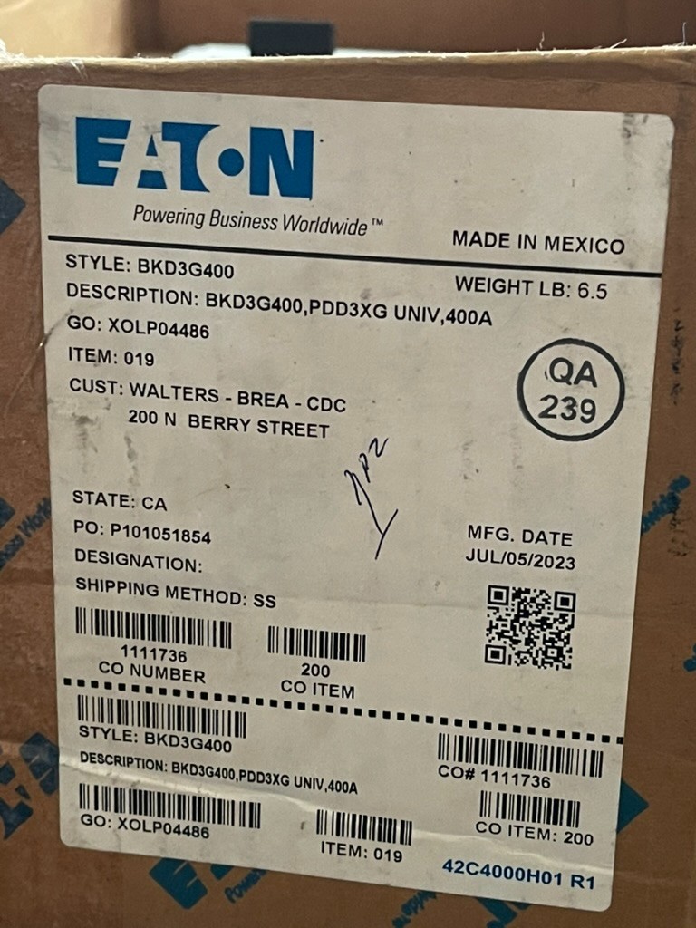 New Eaton BKD3G400 PDD33G0400TFAN 3P 400 Amp 240 Volt Main Circuit Breaker Kit