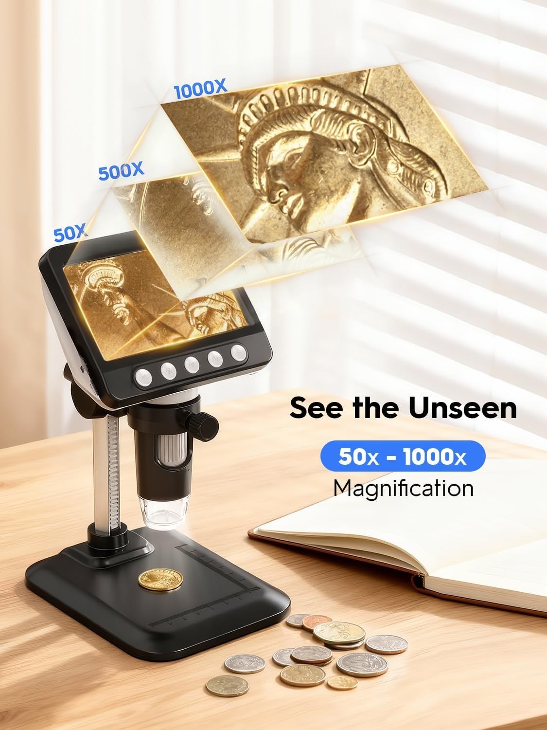 4.3″ LCD Digital Coin Microscope 1000X Magnifier with 8 Adjustable LED Lights