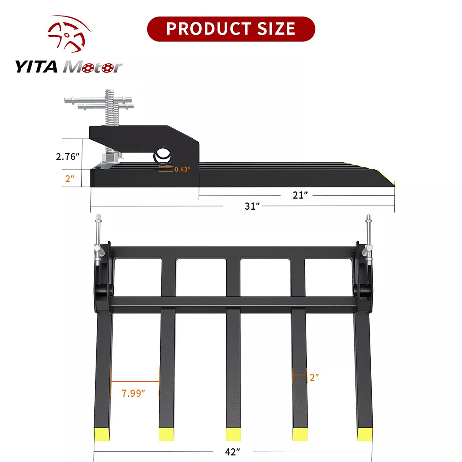 42″ Clamp on Debris Pallet Fork for Tractor Skid Steer Buckets Attachment 2500lb